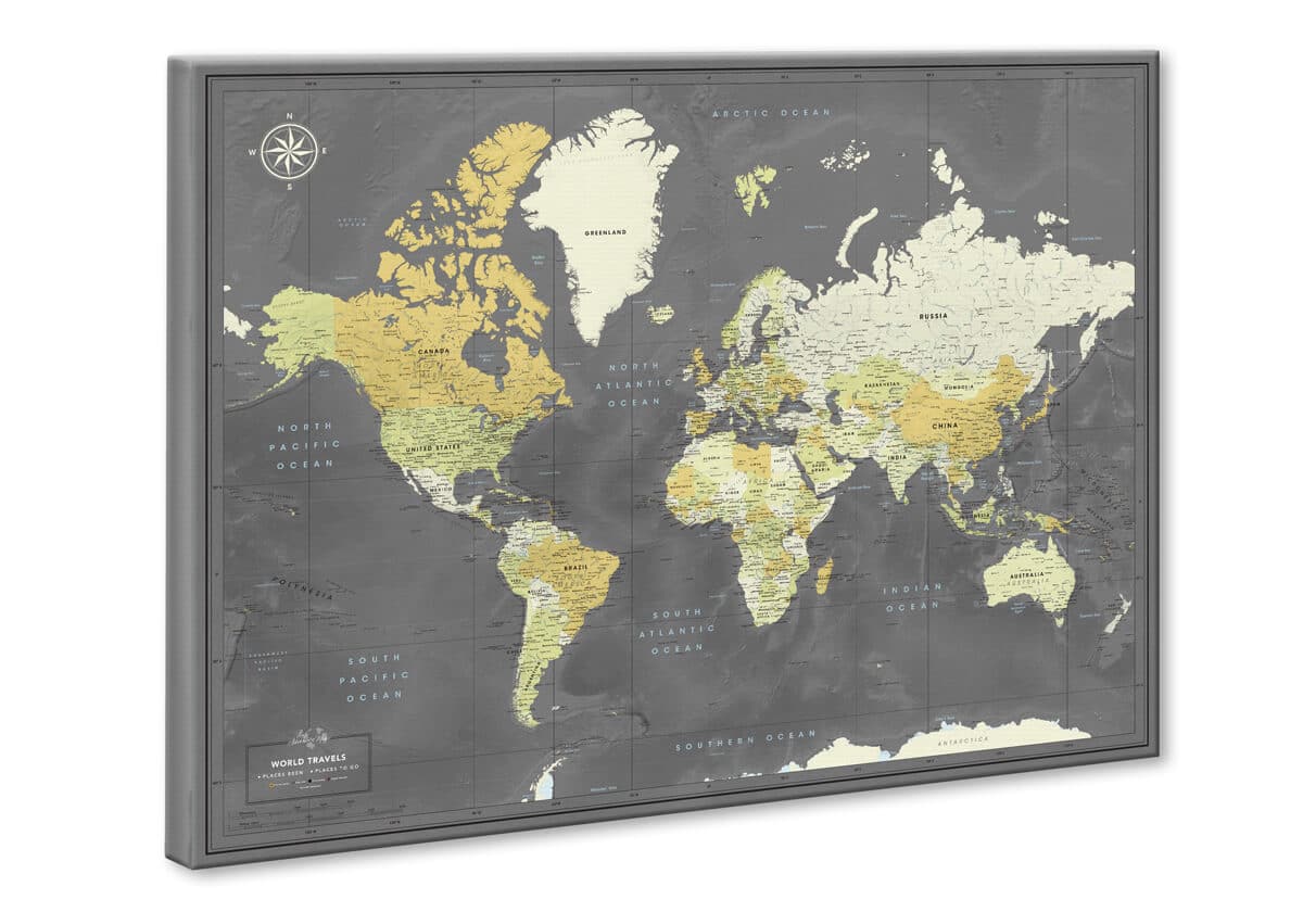world push pin travel map on canvas yellow and grey color preview