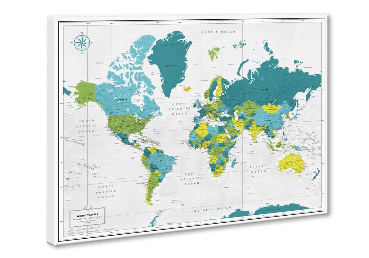 Fathomless world push pin travel map on canvas blue and green color preview