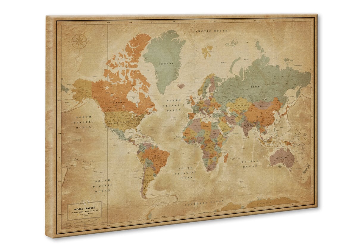 world push pin travel map on canvas vintage design color preview