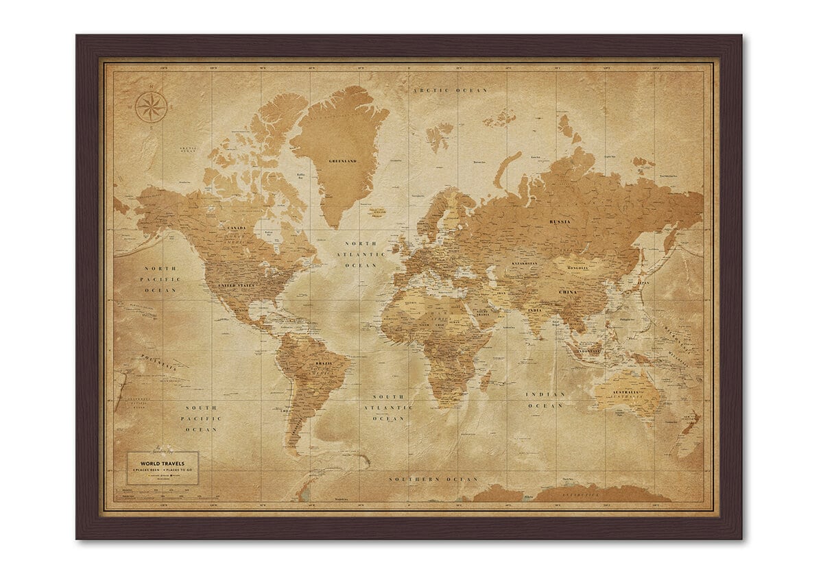 world push pin travel map framed vintage design color preview