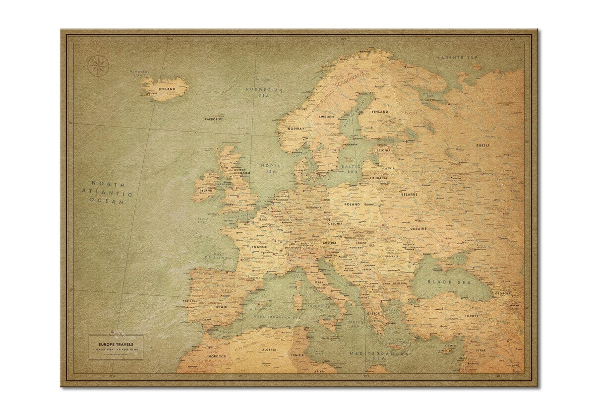 Vintage Europe Map Poster With Push Pins Pin Adventurte Map