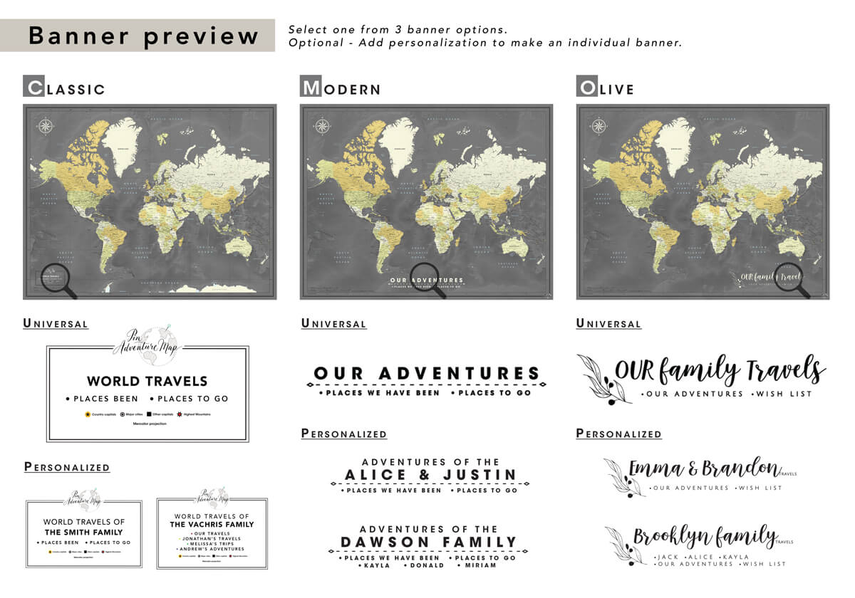 personalized world push pin travel map banner preview