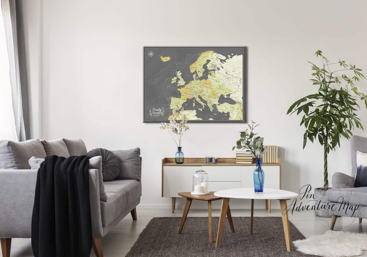 Europe travel map with pins preview on wall in room
