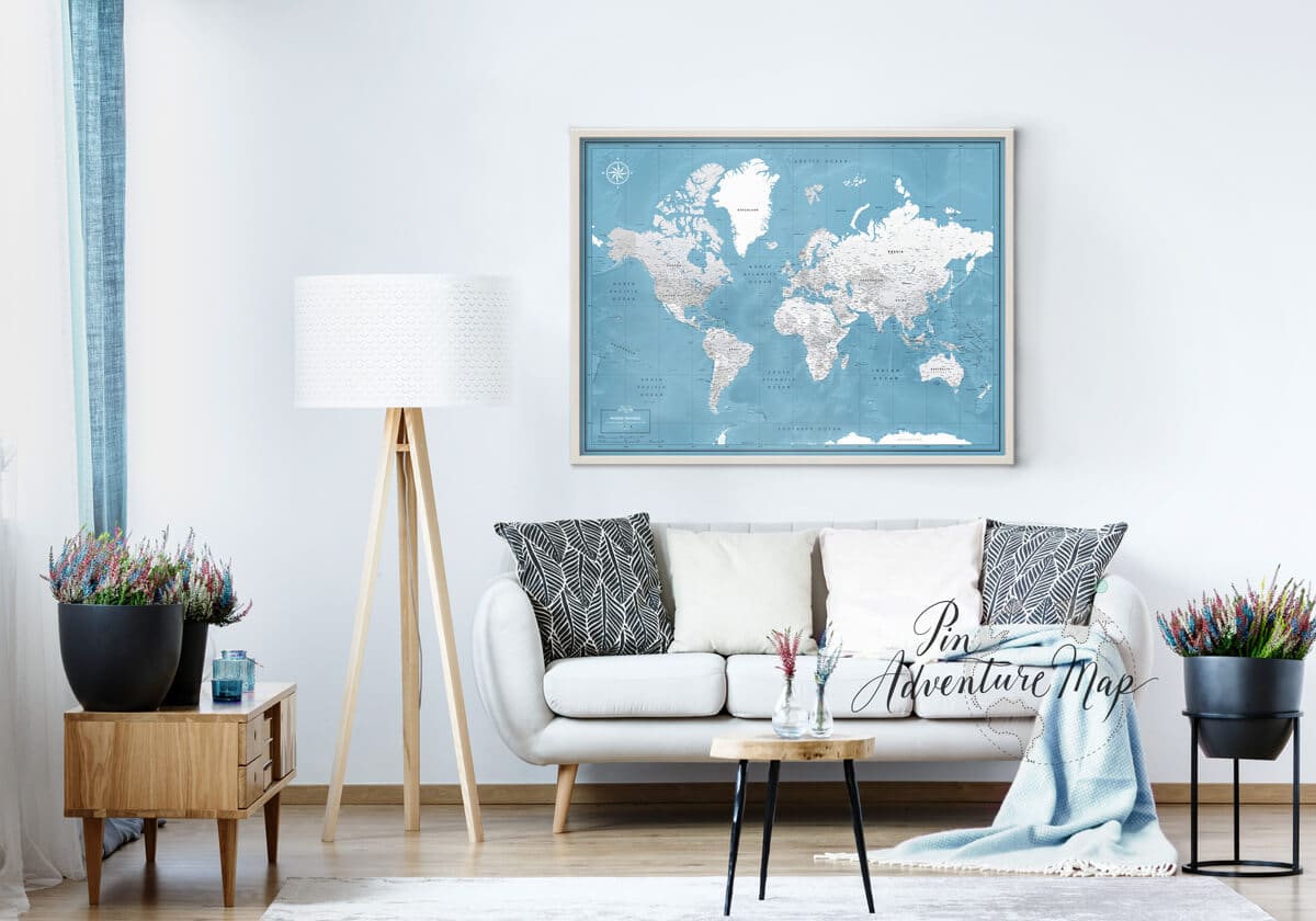 World travel map with pins preview on wall in room
