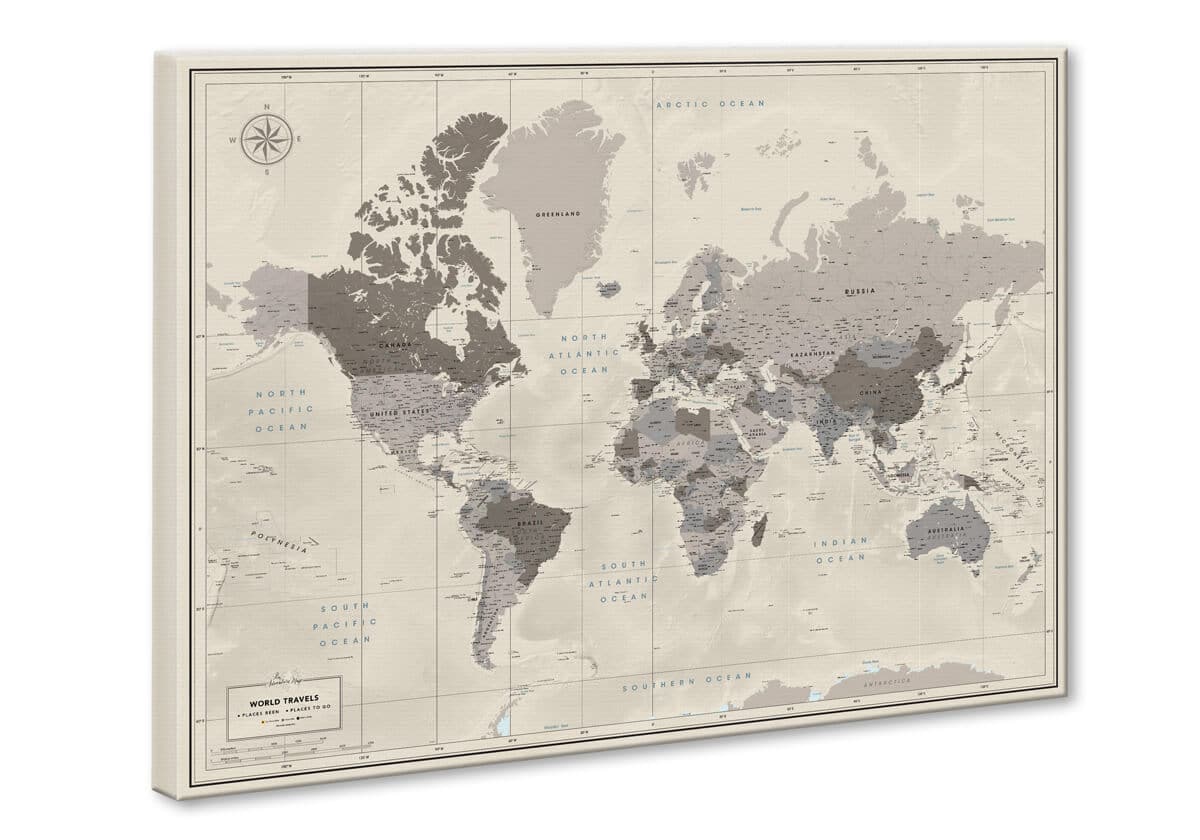 world push pin travel map on canvas light grey color preview