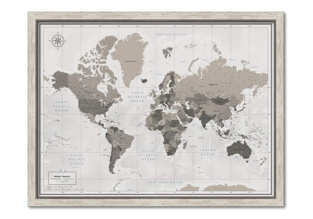 world push pin travel map framed light grey color preview