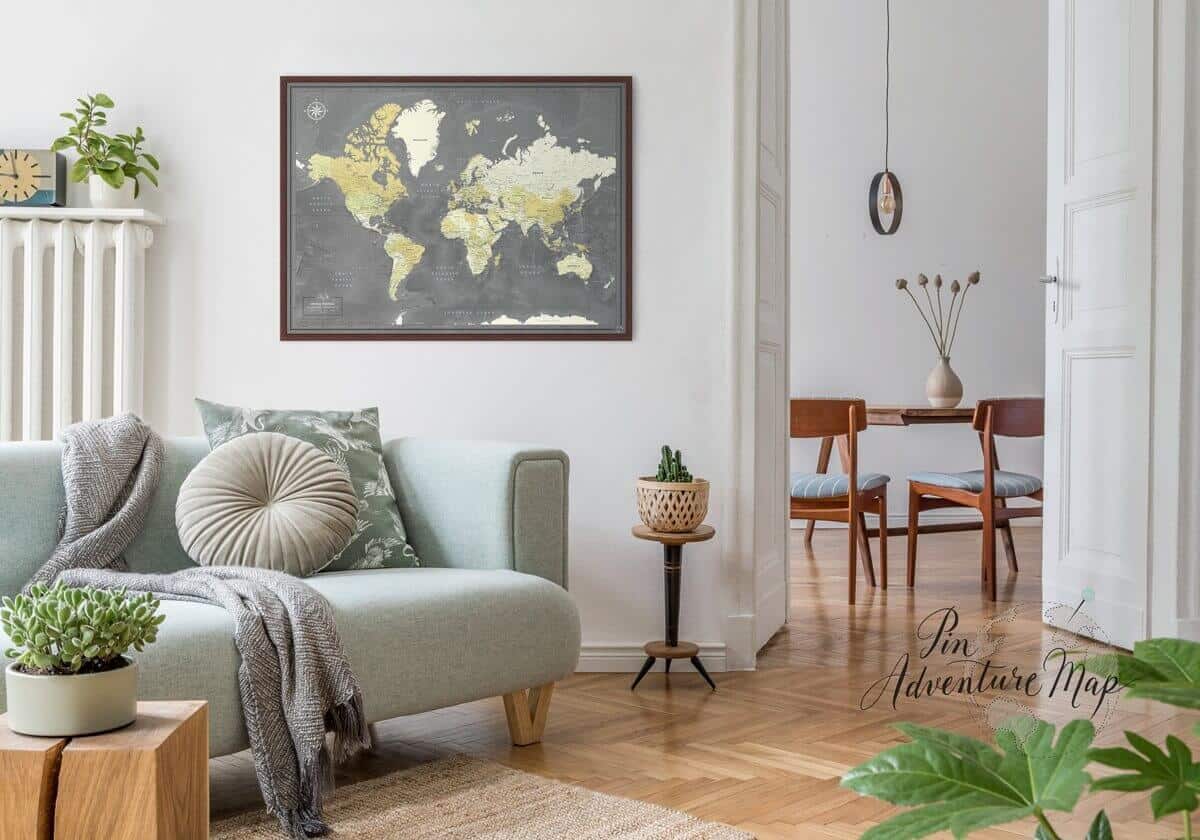 Wild sand Unesco Framed world travel map with pins preview on wall in room