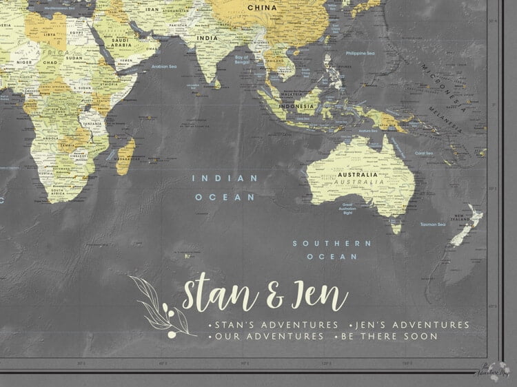 Gray personalized banner push pin world map canvas close up preview