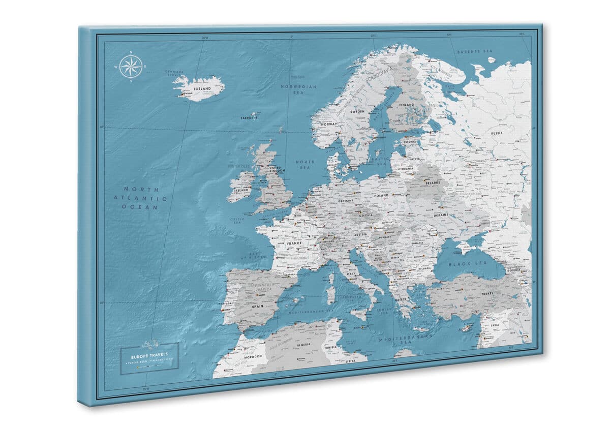 World Travel Maps with Pins on Canvas - Multi Color Palette (Select Map Size: 32 x 24 Inches, Select Map Color: Navy)