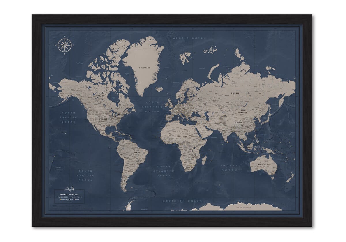 Framed World Map with Pins – Multi Color Palette (Select Map Color: Navy, Select Map Size: 32 x 24 Inches)