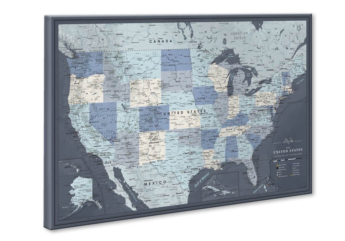 World Map on Canvas with Pins | Personalized World Map Pin Board | Modern  Navy Push Pin Map Design | 24 x 32 up to 40 x 53