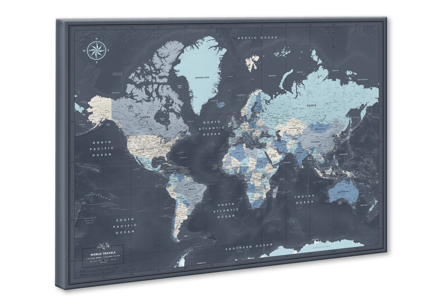 World travel maps with pins on canvas – Multi color palette