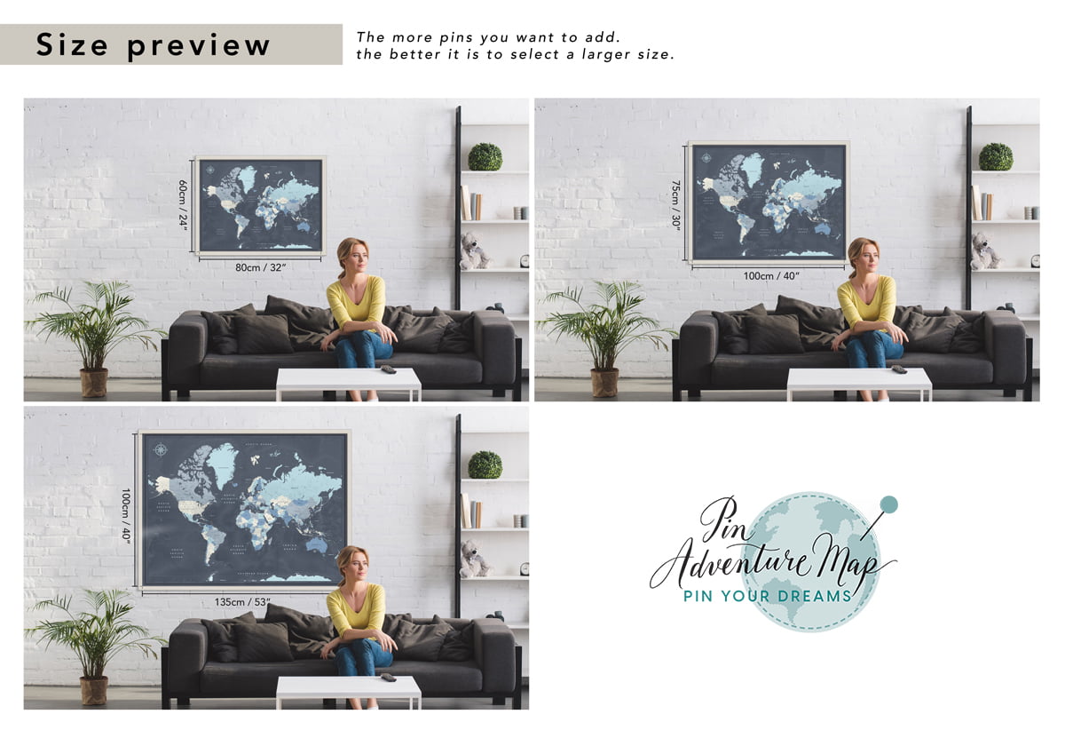 Framed World Map with Pins – Multi Color Palette (Select Map Color: Navy, Select Map Size: 32 x 24 Inches)