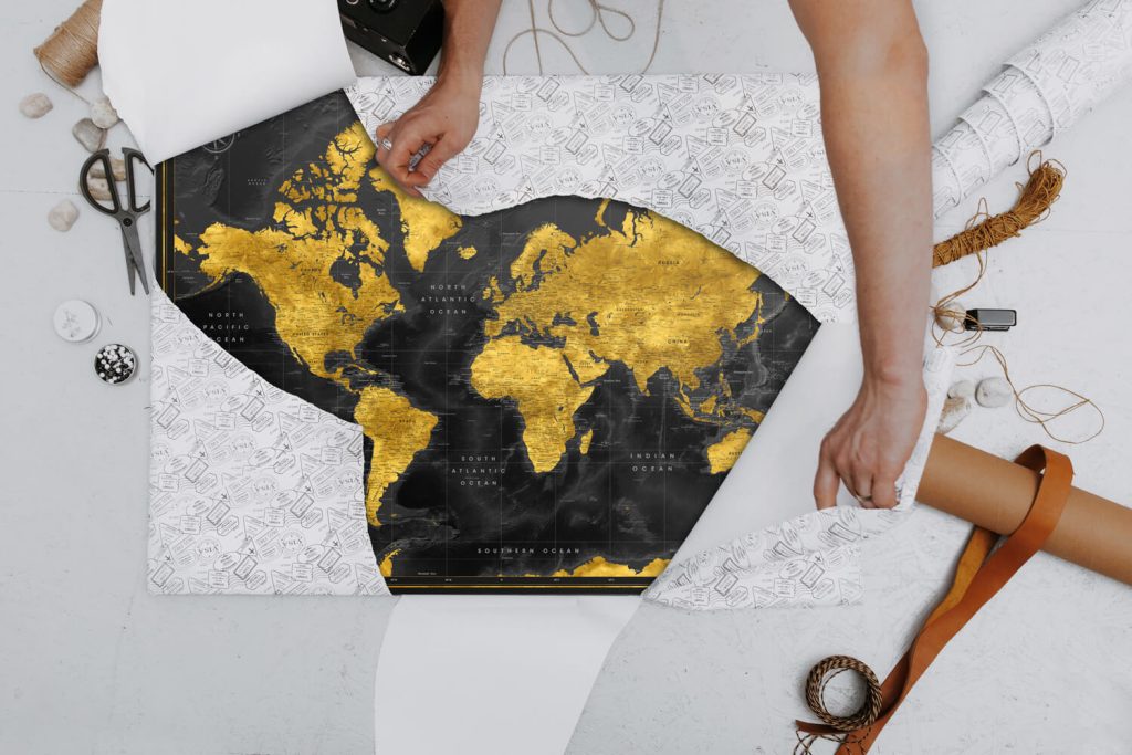 black gold world map packaging