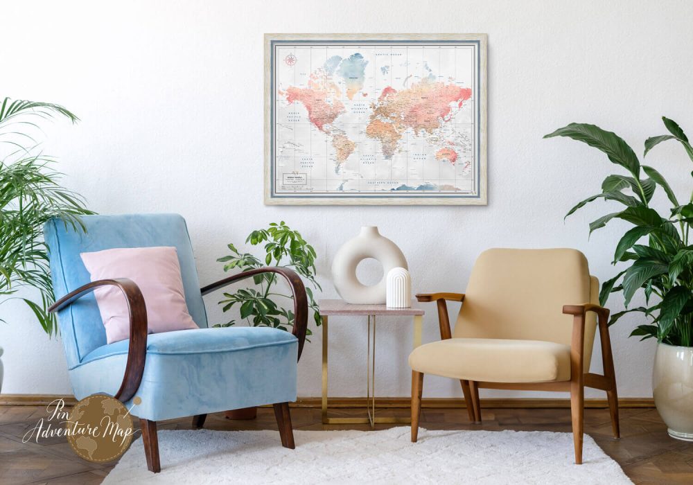 pastel color world framed map in room
