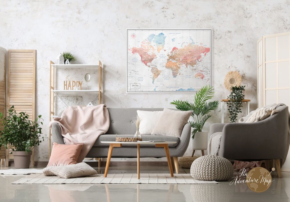 pastel color world map in room