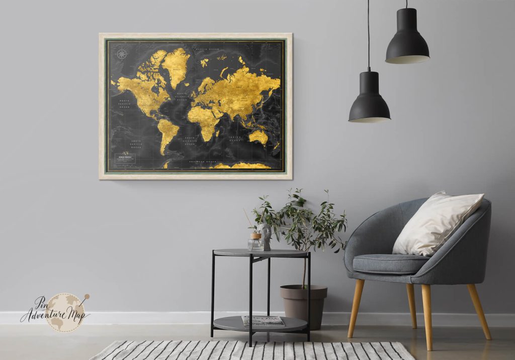 black gold world framed map wall decor