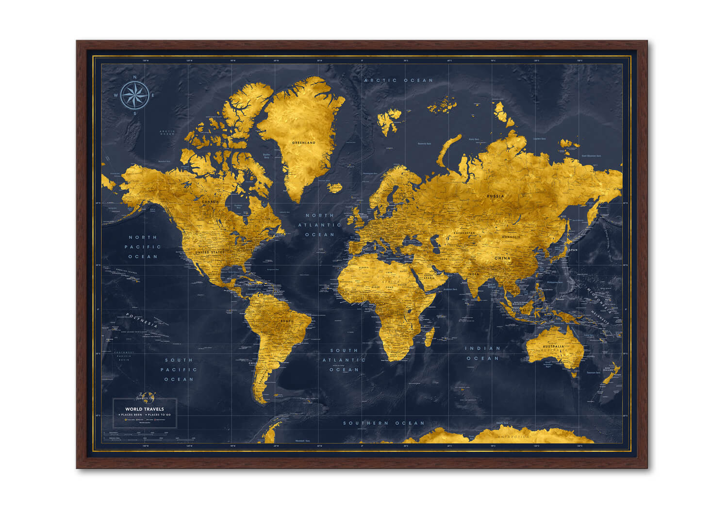 blue gold framed world map