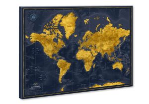 blue gold canvas world map