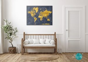 blue gold world canvas map in room