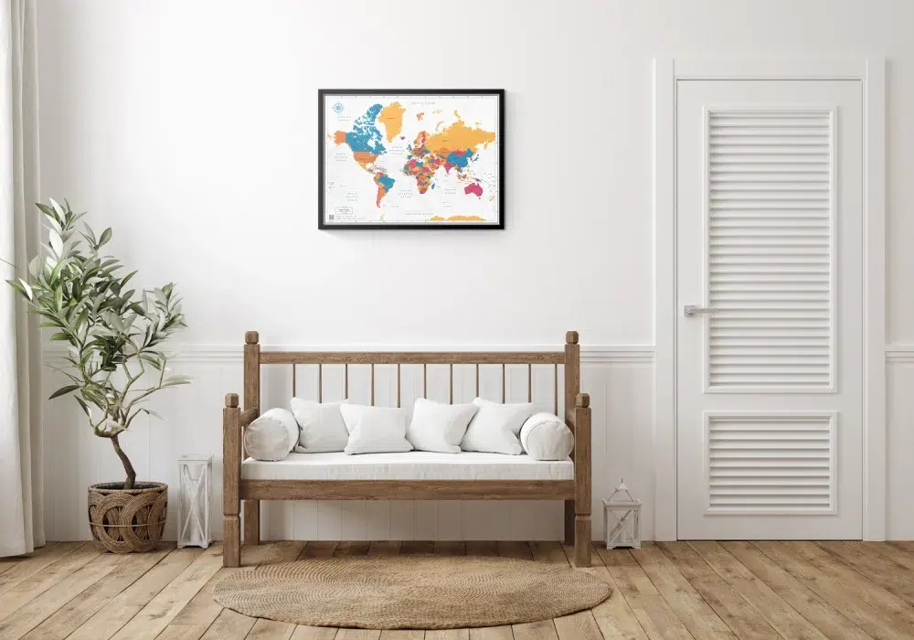 Colorful framed world map home decor