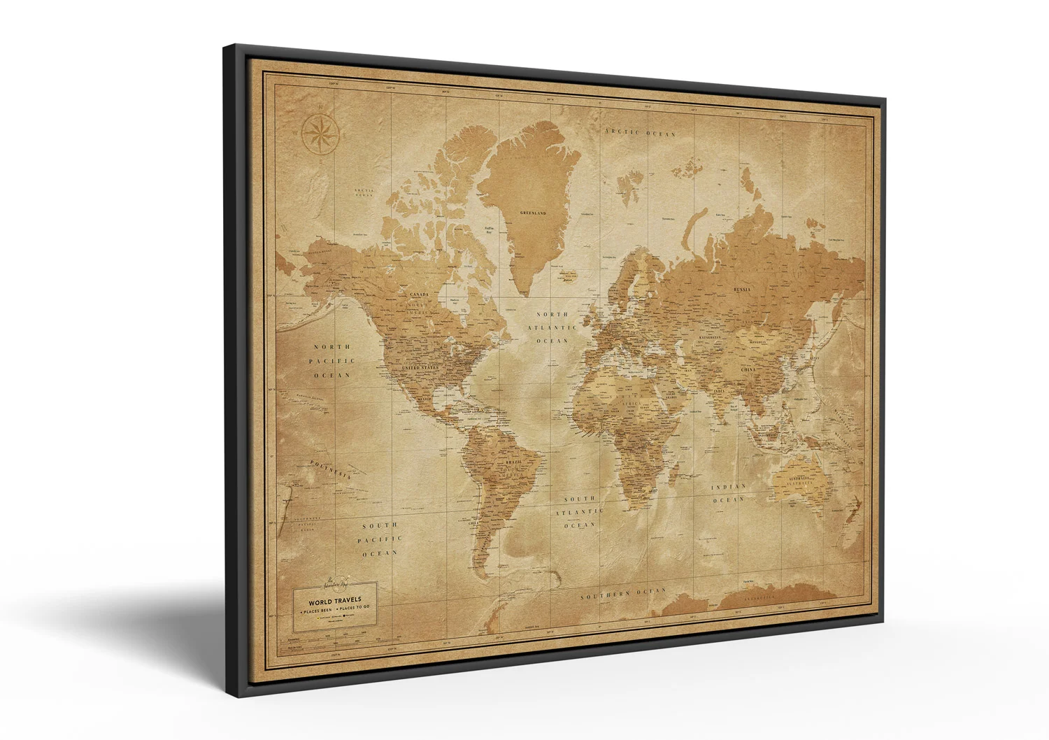 Vintage store Style World Map - Matt Laminated Push Pin Memo Board - Framed Driftwood Effect