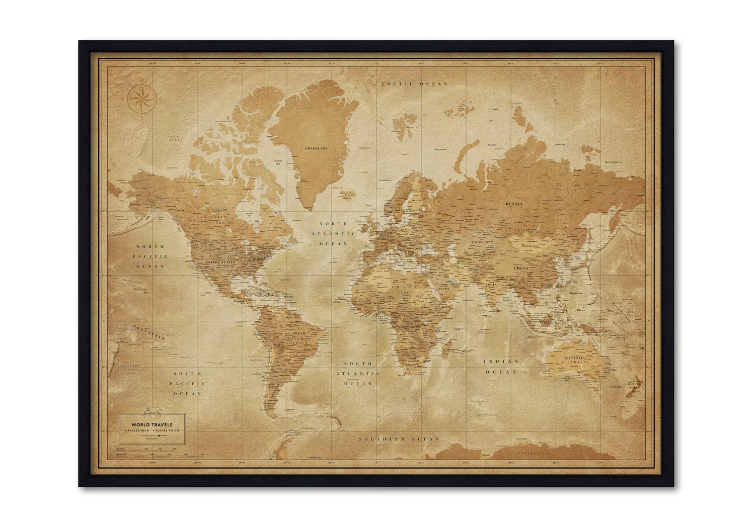 Vintage Style World Push Pin Travel cheapest Map with Pins and Frame